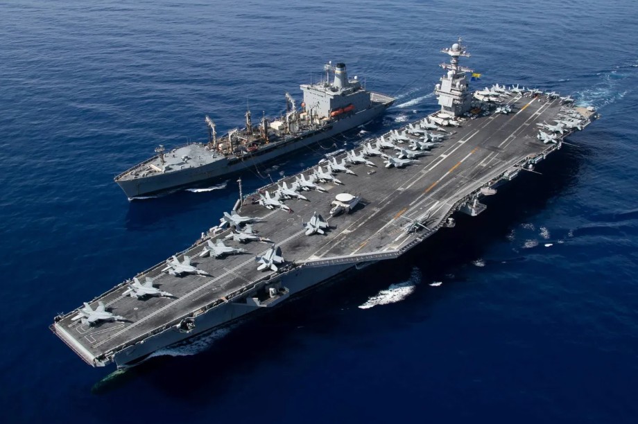 A high-contrast conceptual image showing the USS Gerald R. Ford aircraft carrier sailing in a strike group formation with a stealth destroyer, highlighting modern naval supremacy.
