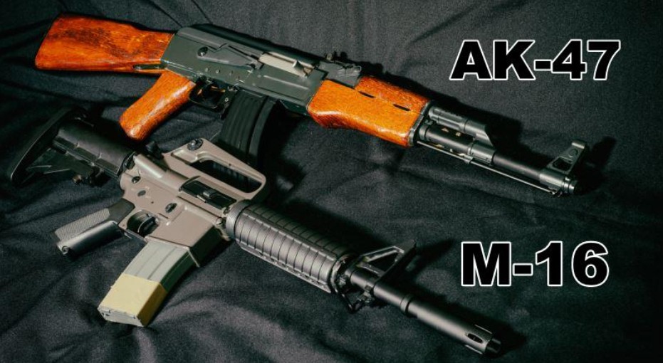 A side-by-side display of a classic AK-47 and an M16A4, highlighting the wood-and-steel vs. polymer-and-aluminum design.