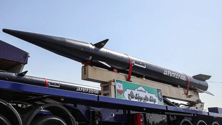 A technical illustration showing the trajectory of an Iranian Fattah-2 hypersonic missile maneuvering past an interceptor battery.