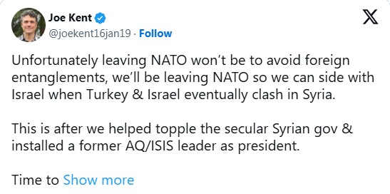 A symbolic graphic showing the flags of Turkey, Israel, and the USA over a map of Syria, with a cracked NATO emblem in the background.