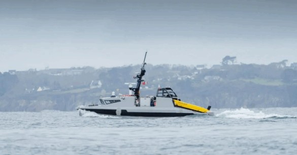 A split-screen composite image showing a Royal Navy Type 23 frigate, a military helicopter, and the new Skyhammer anti-drone interceptor.