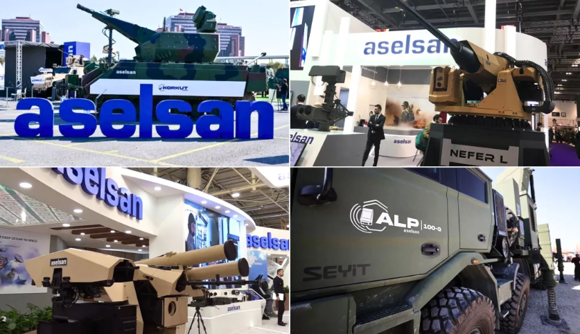The corporate logo of ASELSAN displayed prominently on a modern defense exhibition booth, surrounded by advanced radar and electro-optical systems.