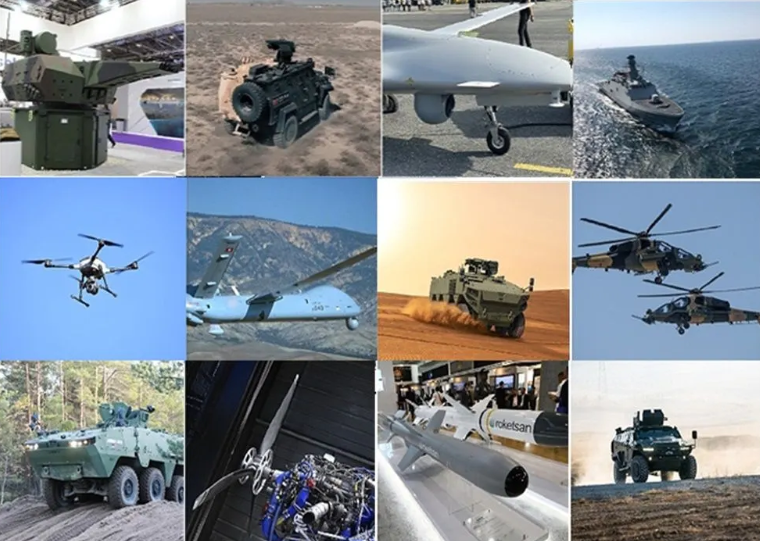 A multi-domain military visualization showing a stealth fighter jet in the air, a naval destroyer at sea, and an armored tank on land, representing the diverse sectors of the defense industry.