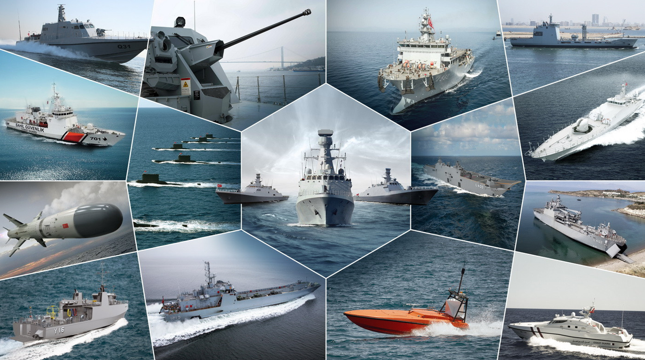 A conceptual split-screen visualization showing the KAAN stealth fighter in the sky, a Reis-class submarine at sea, and the Steel Dome air defense system engaging a target.