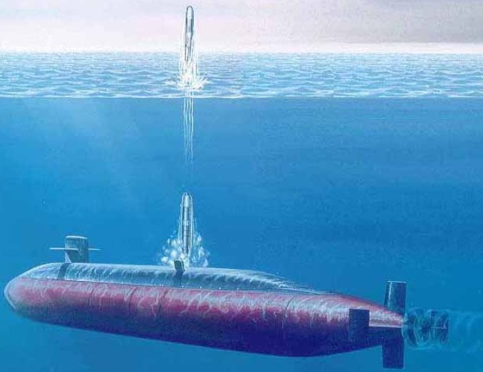 A massive Submarine-Launched Ballistic Missile (SLBM) breaking the ocean surface and igniting its first-stage solid-rocket motor during a strategic deterrence test.