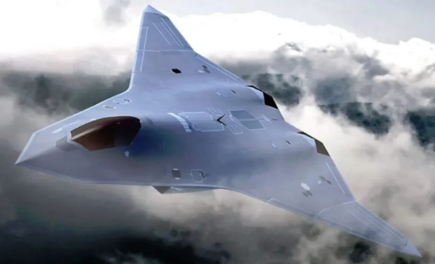 A futuristic conceptual rendering of a sleek, tailless, 6th-generation stealth fighter jet soaring through the clouds, flanked by two unmanned loyal wingman drones.