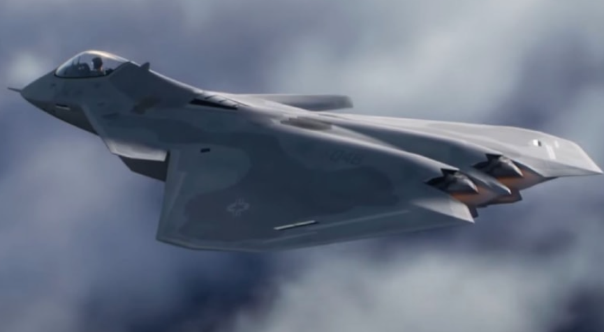 A futuristic conceptual rendering of a sleek, tailless, 6th-generation stealth fighter jet soaring through the clouds, flanked by two unmanned loyal wingman drones.