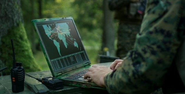 A sophisticated military satellite in orbit being targeted by a ground-based laser or approaching by a robotic-arm-equipped "stalker" satellite, illustrating the reality of satellite warfare.