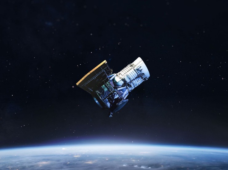 A sophisticated military satellite in orbit being targeted by a ground-based laser or approaching by a robotic-arm-equipped "stalker" satellite, illustrating the reality of satellite warfare.