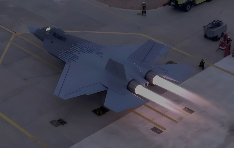 A conceptual split-screen visualization showing the KAAN stealth fighter in the sky, a Reis-class submarine at sea, and the Steel Dome air defense system engaging a target.