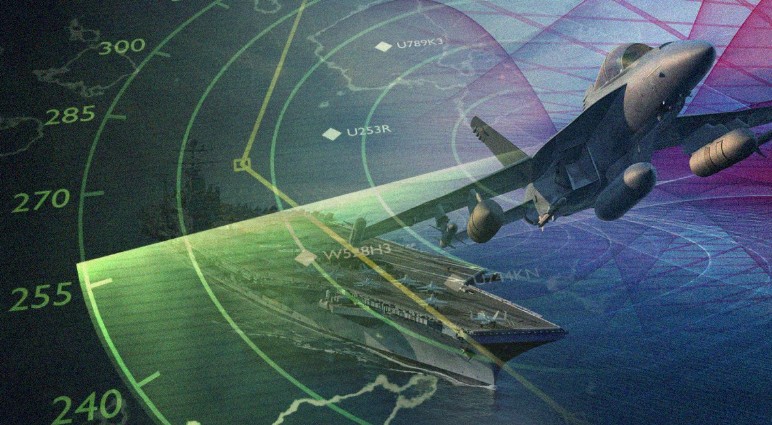 A tactical visualization of the electromagnetic spectrum, showing invisible radar waves, jamming signals, and encrypted communication lines crisscrossing a modern battlefield.